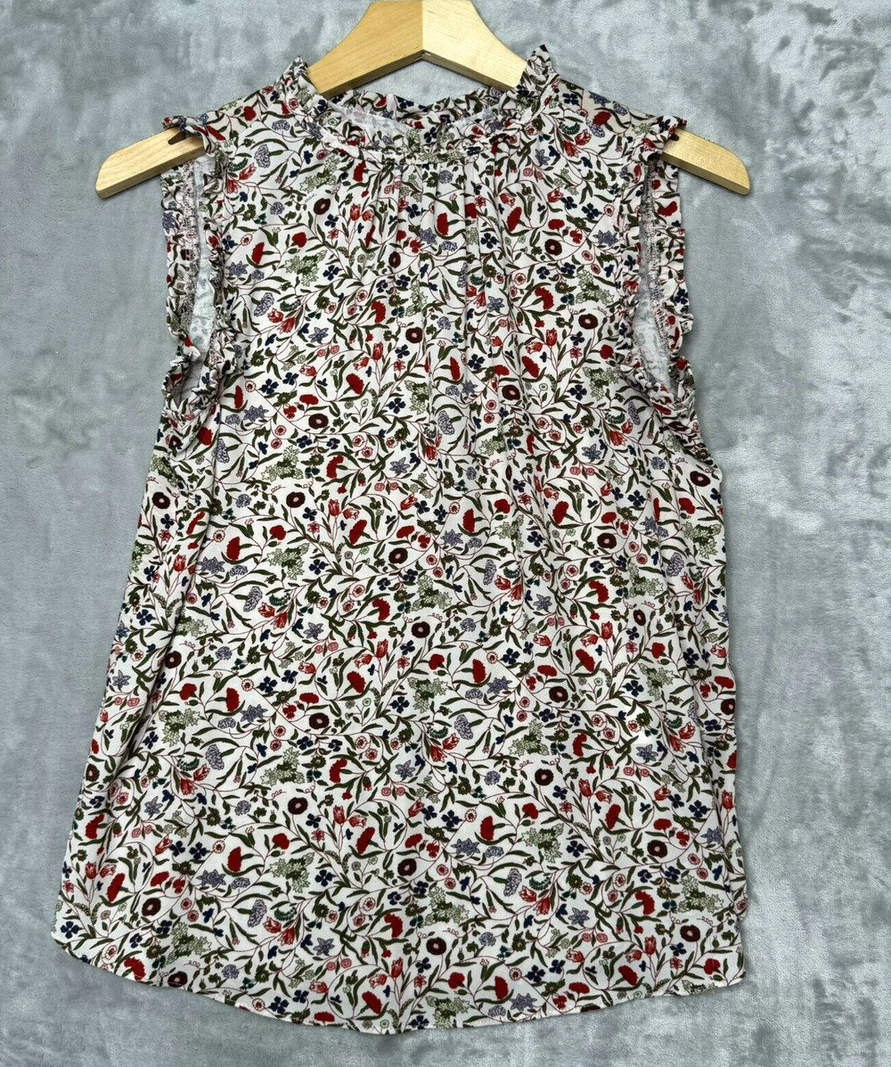 T Tahari Top Womens XS Cream Green Floral Sleeveless Knit Mock Ruffle Neck